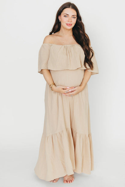Josie 100% Cotton Maxi Dress in Beige - Bump & Nursing Friendly