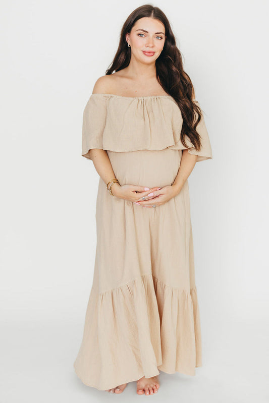 Josie 100% Cotton Maxi Dress in Beige - Bump & Nursing Friendly