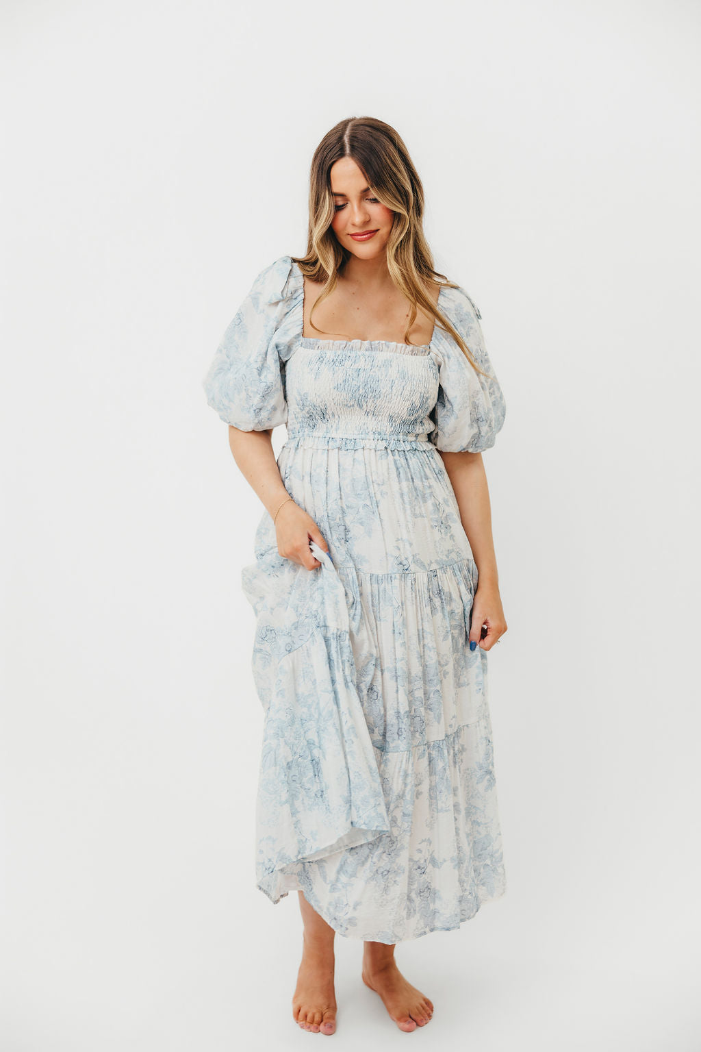 Elena Floral Print Smocked Midi Dress in Blue - Bump Friendly & Inclusive Sizing XS & S Left in Stock)  (Restocking Remaining Sizes in Oct)