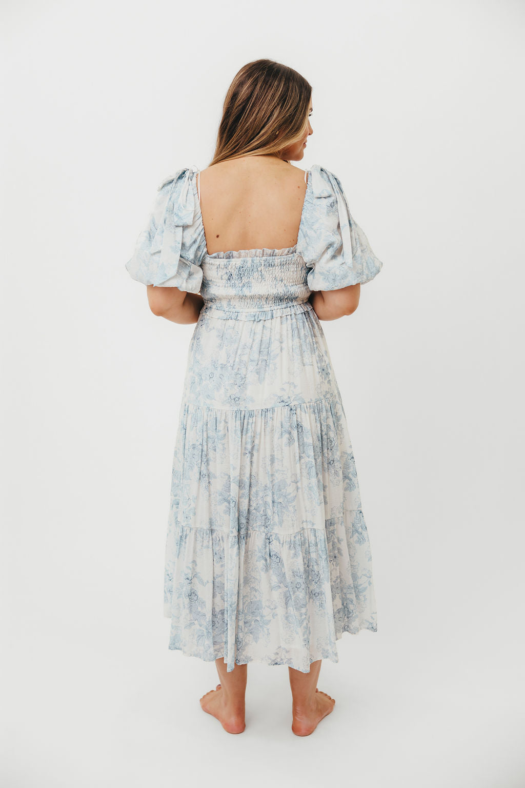 Elena Floral Print Smocked Midi Dress in Blue - Bump Friendly & Inclusive Sizing XS & S Left in Stock)  (Restocking Remaining Sizes in Oct)