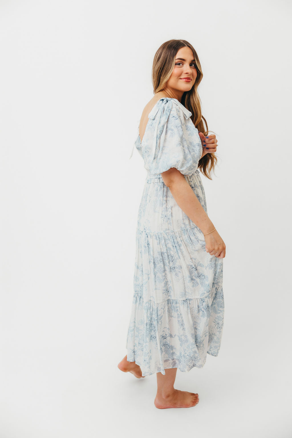 Elena Floral Print Smocked Midi Dress in Blue - Bump Friendly & Inclusive Sizing XS & S Left in Stock)  (Restocking Remaining Sizes in Oct)