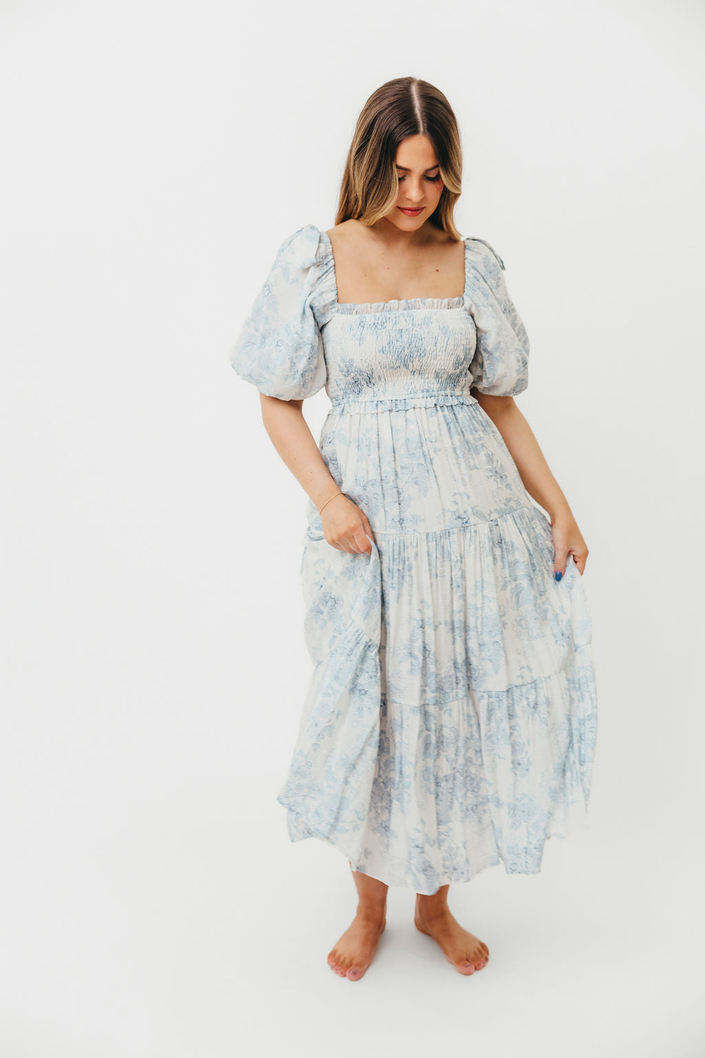 Elena Floral Print Smocked Midi Dress in Blue - Bump Friendly & Inclusive Sizing XS & S Left in Stock)  (Restocking Remaining Sizes in Oct)