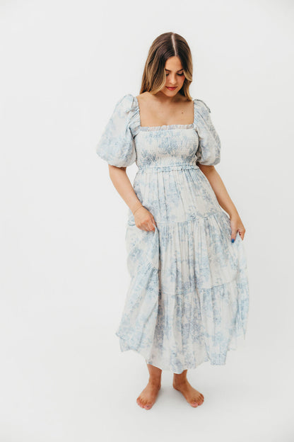 Elena Floral Print Smocked Midi Dress in Blue - Bump Friendly & Inclusive Sizing XS & S Left in Stock)  (Restocking Remaining Sizes in Oct)