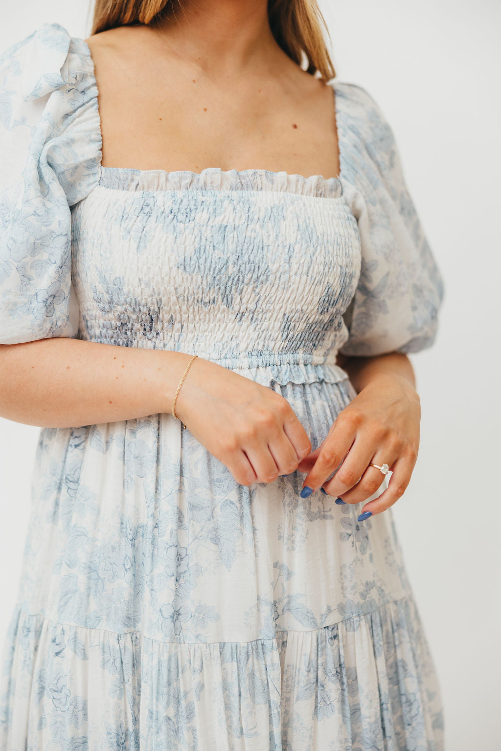 Elena Floral Print Smocked Midi Dress in Blue - Bump Friendly & Inclusive Sizing XS & S Left in Stock)  (Restocking Remaining Sizes in Oct)