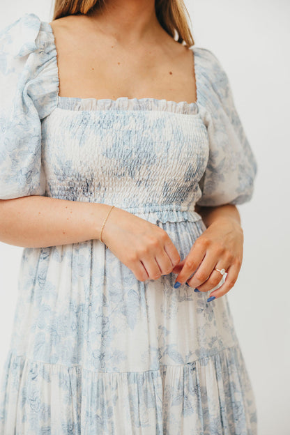 Elena Floral Print Smocked Midi Dress in Blue - Bump Friendly & Inclusive Sizing XS & S Left in Stock)  (Restocking Remaining Sizes in Oct)