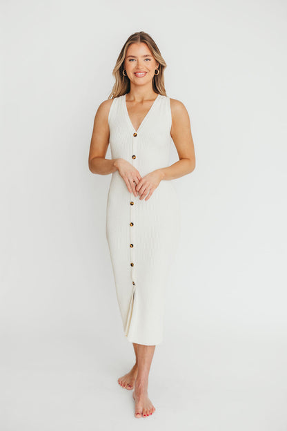 Lelani Button Down Ribbed Knit Midi Dress in White - Nursing Friendly