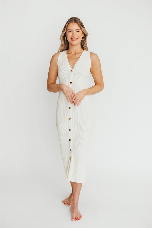 Lelani Button Down Ribbed Knit Midi Dress in White - Nursing Friendly