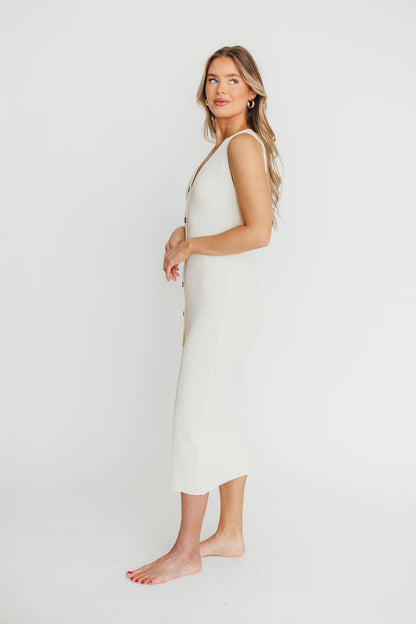 Lelani Button Down Ribbed Knit Midi Dress in White - Nursing Friendly