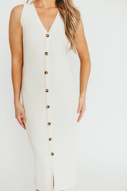 Lelani Button Down Ribbed Knit Midi Dress in White - Nursing Friendly