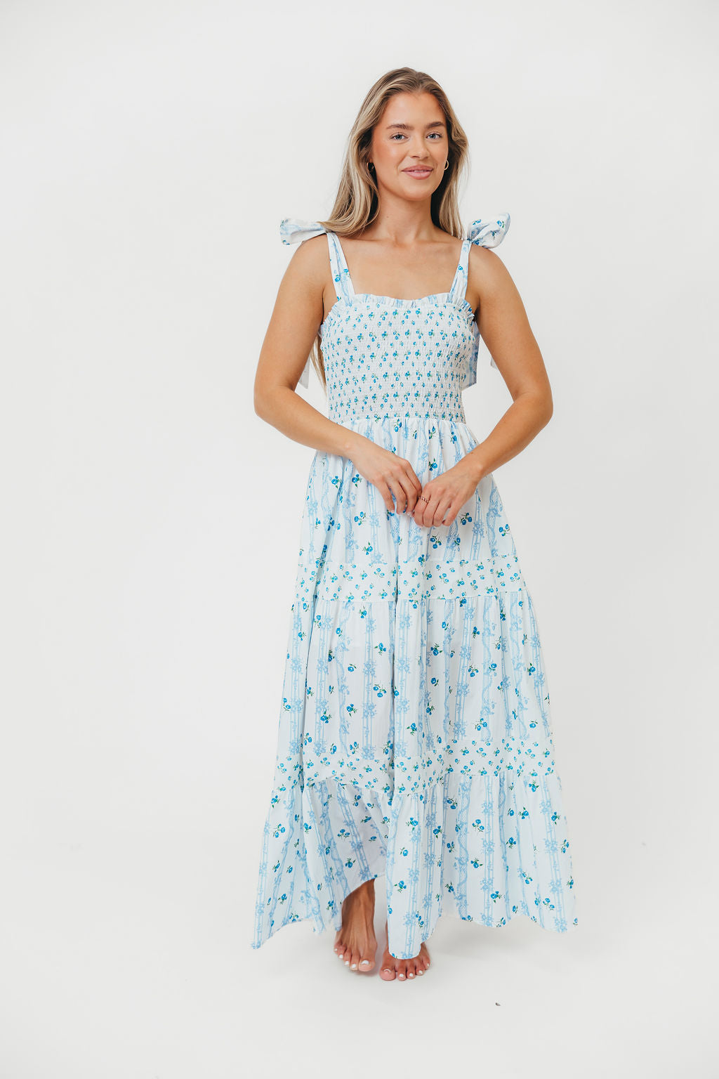 Kathryn Tie Shoulder Maxi Dress in Ivory/Blue Floral