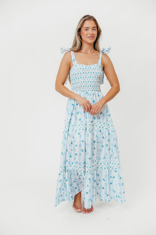 Kathryn Tie Shoulder Maxi Dress in Ivory/Blue Floral