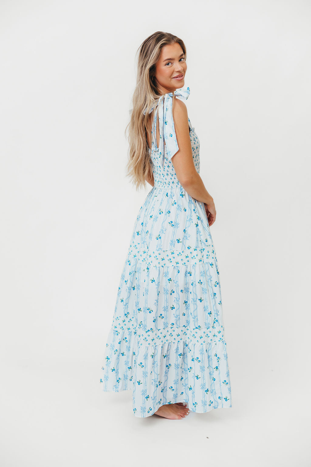 Kathryn Tie Shoulder Maxi Dress in Ivory/Blue Floral