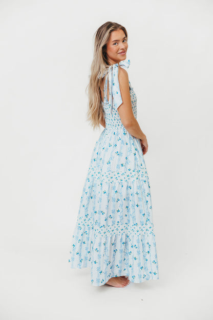 Kathryn Tie Shoulder Maxi Dress in Ivory/Blue Floral