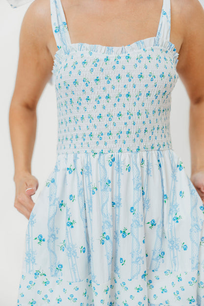 Kathryn Tie Shoulder Maxi Dress in Ivory/Blue Floral