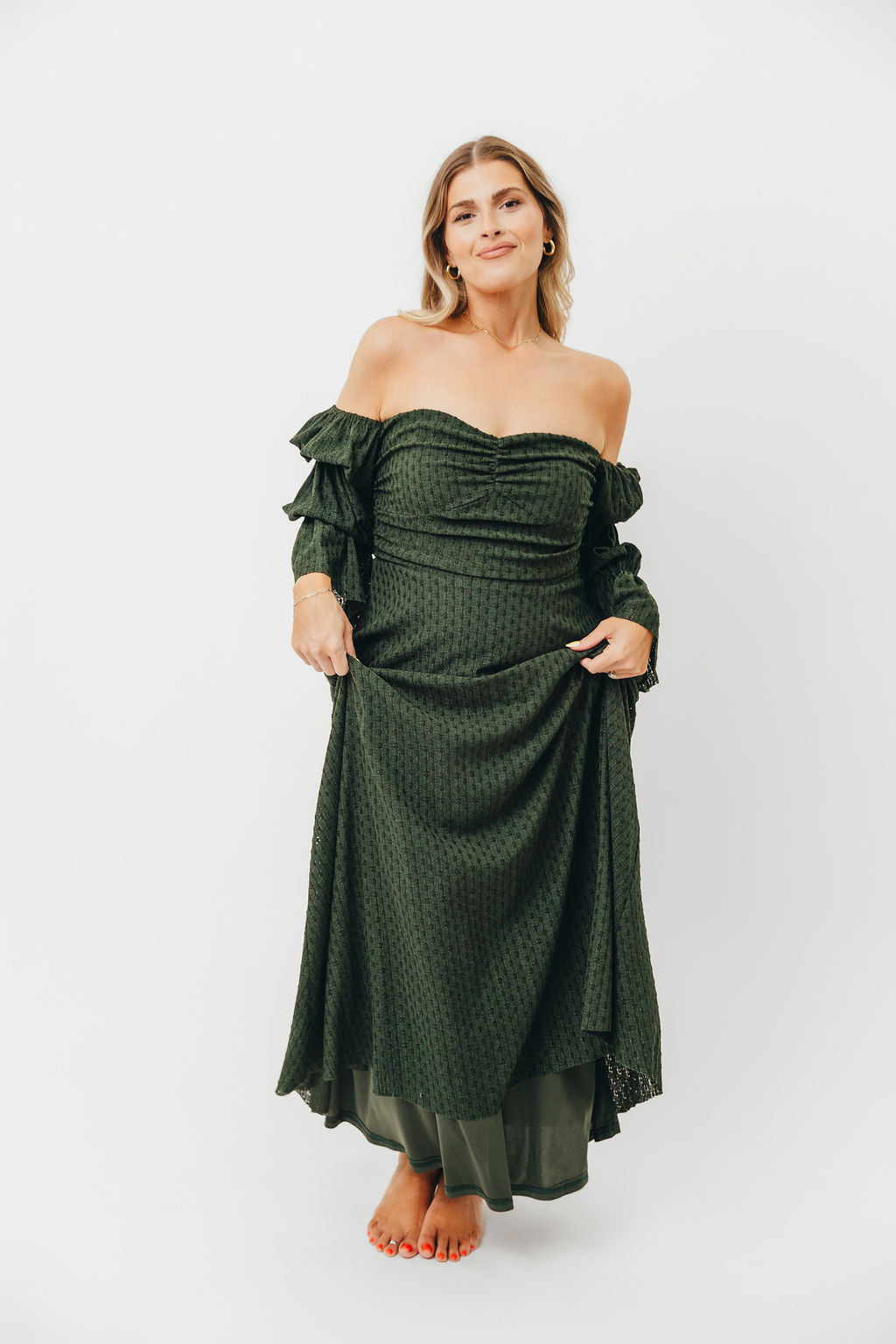 Corrine Tiered Sleeve Maxi Dress with Pockets in Hunter Green - Bump Friendly