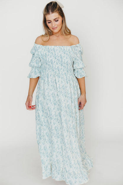 Sienna 100% Cotton Puff Sleeve Maxi Dress in Blue Floral - Bump Friendly