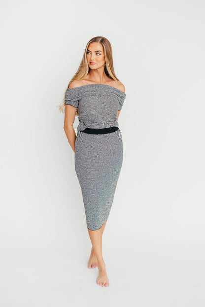 Kaia Off-Shoulder Top and Skirt Set in Black/White Stripe