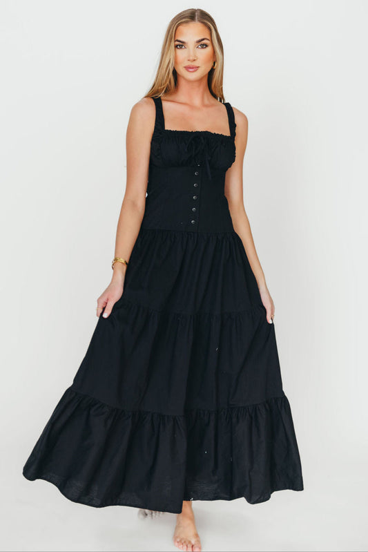 Sutton Corset Button Down Tiered Maxi Dress in Black