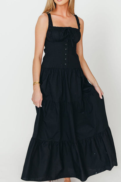 Sutton Corset Button Down Tiered Maxi Dress in Black