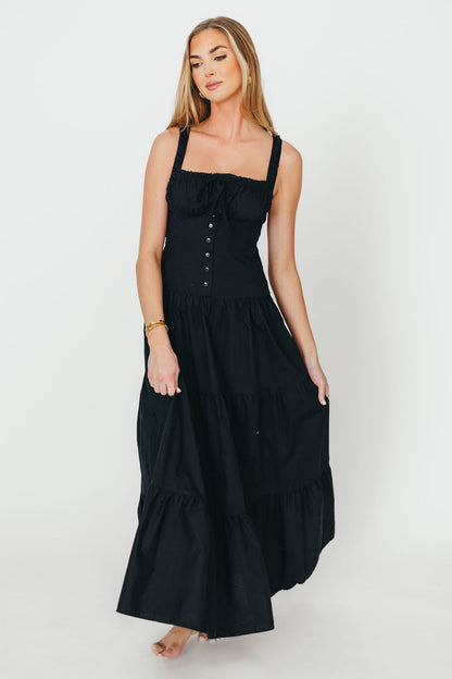 Sutton Corset Button Down Tiered Maxi Dress in Black
