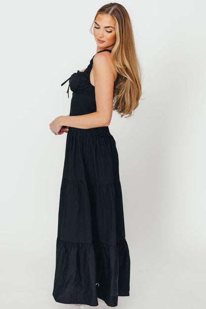 Sutton Corset Button Down Tiered Maxi Dress in Black