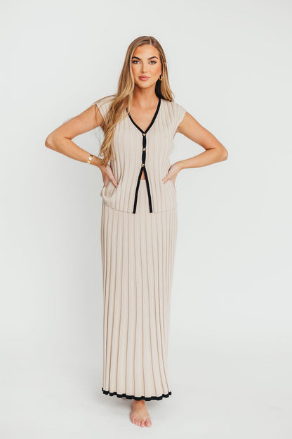 Arianna Contrast Knit Top and Maxi Skirt Set in Taupe/Black
