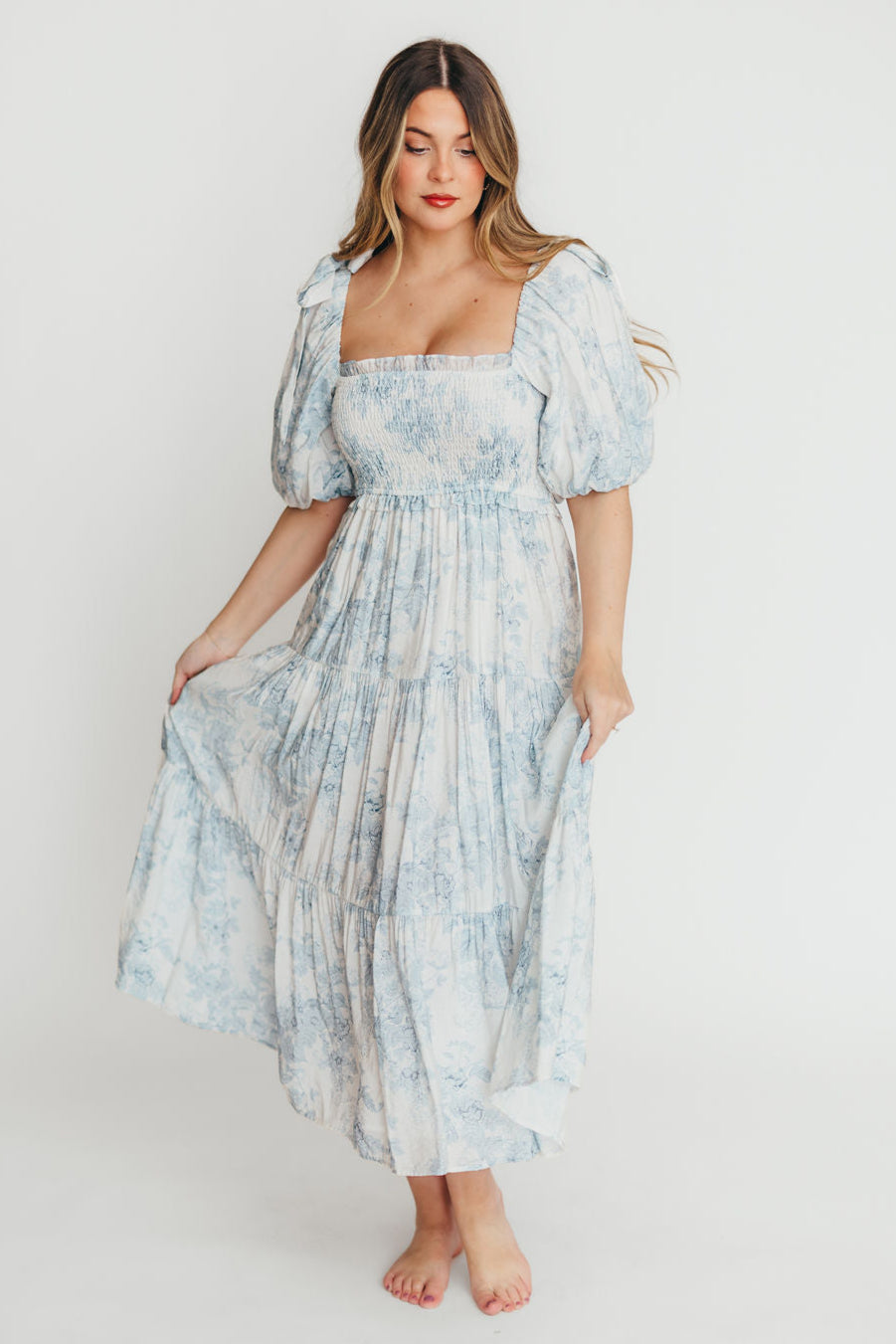 Elena Floral Print Smocked Midi Dress in Blue - Bump Friendly & Inclusive Sizing XS & S Left in Stock)  (Restocking Remaining Sizes in Oct)