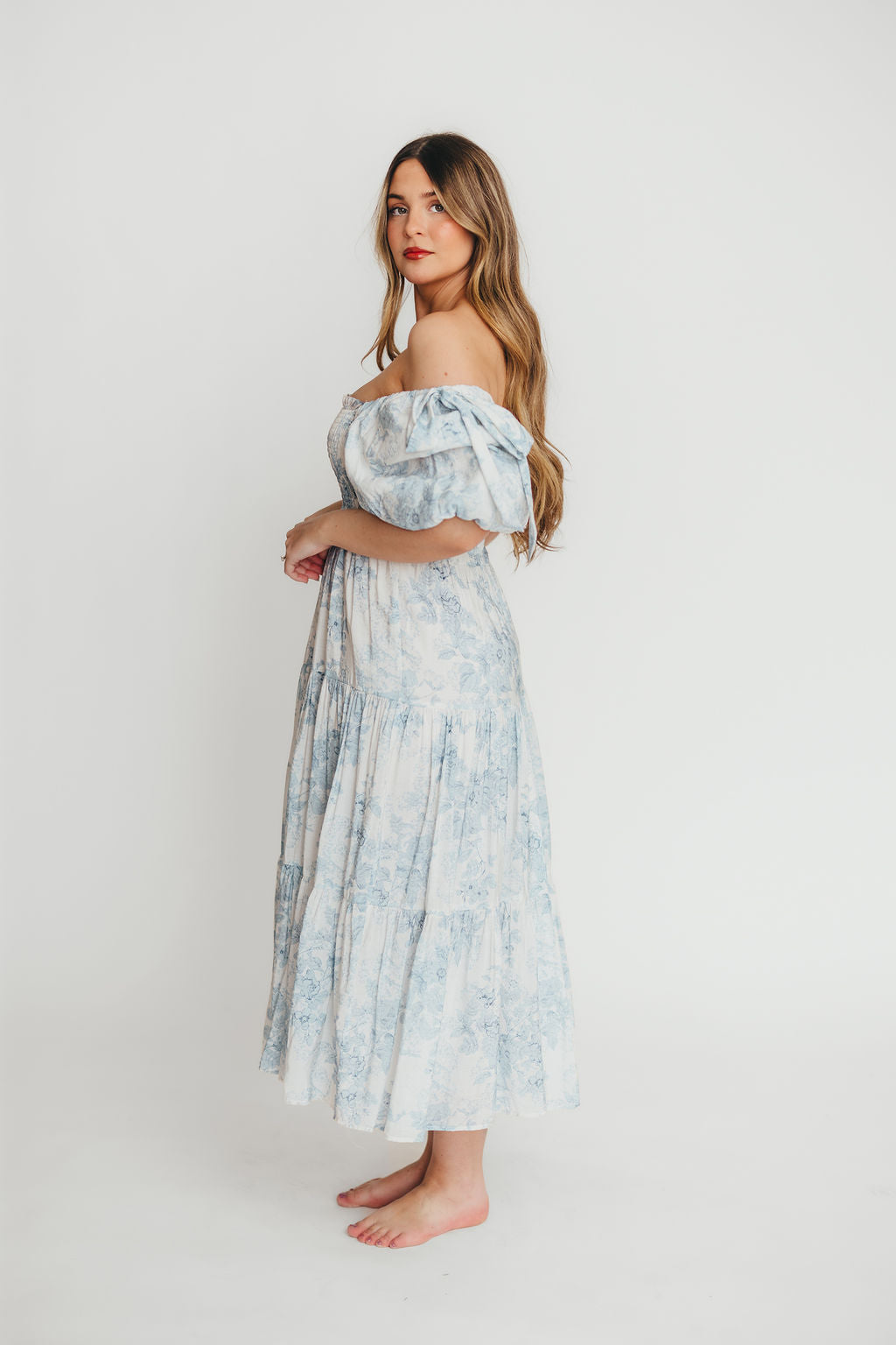 Elena Floral Print Smocked Midi Dress in Blue - Bump Friendly & Inclusive Sizing XS & S Left in Stock)  (Restocking Remaining Sizes in Oct)