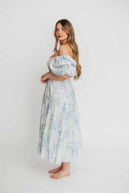 Elena Floral Print Smocked Midi Dress in Blue - Bump Friendly & Inclusive Sizing XS & S Left in Stock)  (Restocking Remaining Sizes in Oct)
