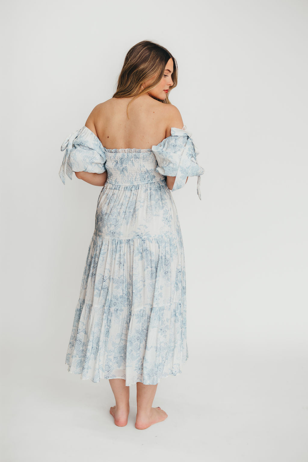 Elena Floral Print Smocked Midi Dress in Blue - Bump Friendly & Inclusive Sizing XS & S Left in Stock)  (Restocking Remaining Sizes in Oct)
