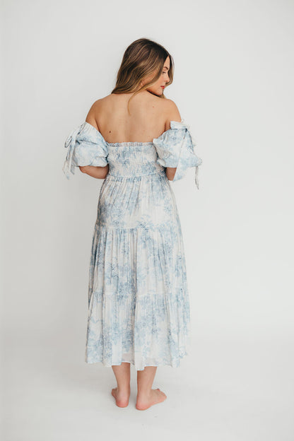 Elena Floral Print Smocked Midi Dress in Blue - Bump Friendly & Inclusive Sizing XS & S Left in Stock)  (Restocking Remaining Sizes in Oct)