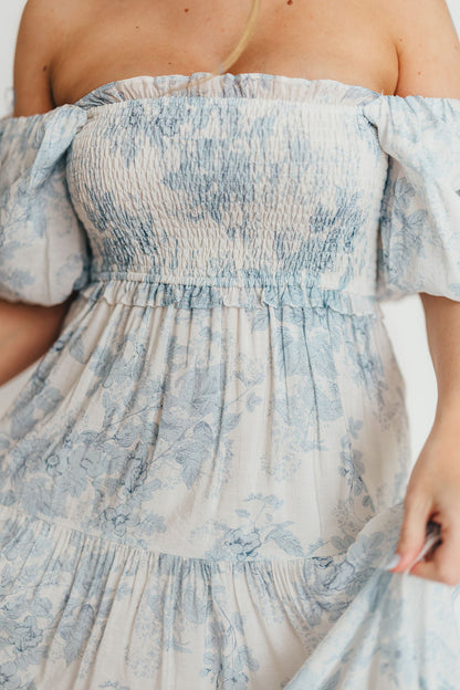 Elena Floral Print Smocked Midi Dress in Blue - Bump Friendly & Inclusive Sizing XS & S Left in Stock)  (Restocking Remaining Sizes in Oct)