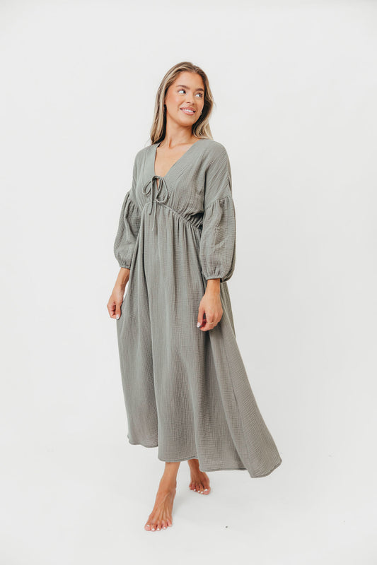 Hunter 100% Cotton Gauze Midi Dress in Dry Sage