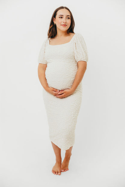 Blakeley Textured Midi Dress in Ivory - Bump Friendly & Inclusive Sizing (S-3XL)