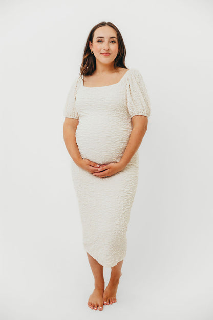 Blakeley Textured Midi Dress in Ivory - Bump Friendly & Inclusive Sizing (S-3XL)