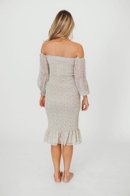 Cameron Stretchy Midi Dress with Ruffles in Beige/Blue