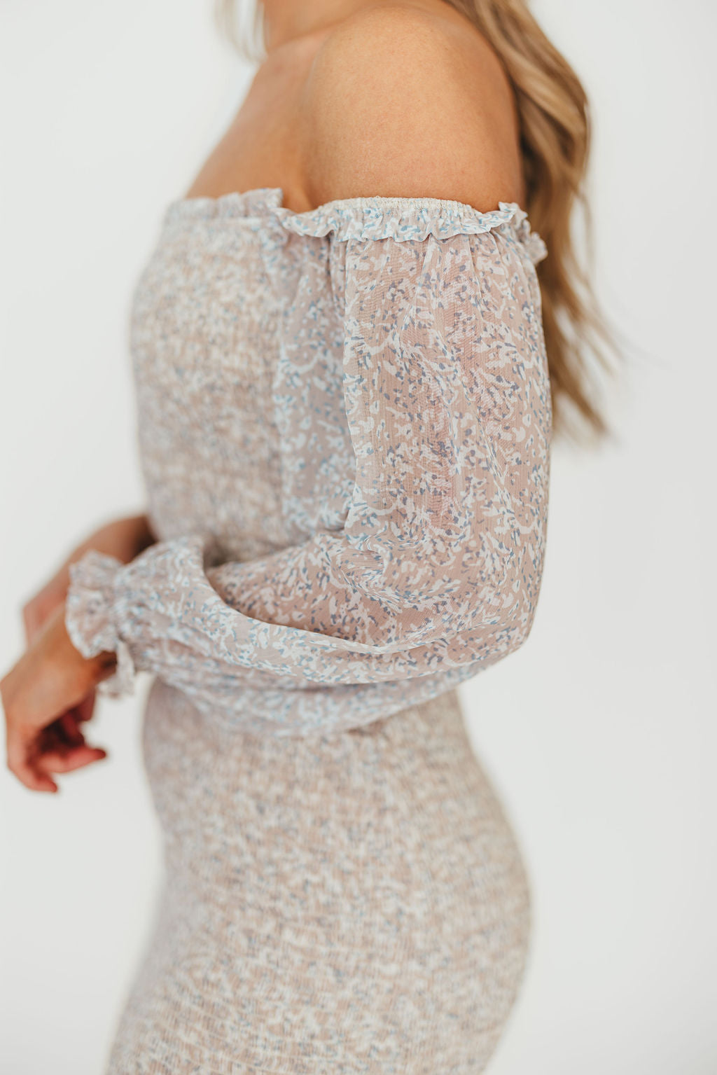 Cameron Stretchy Midi Dress with Ruffles in Beige/Blue