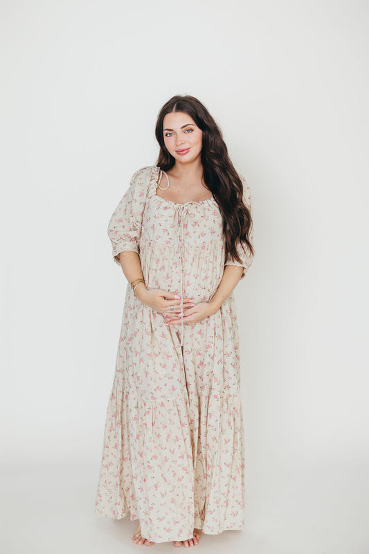 Cara 100% Cotton Maxi Dress in Pink/Brown Floral
