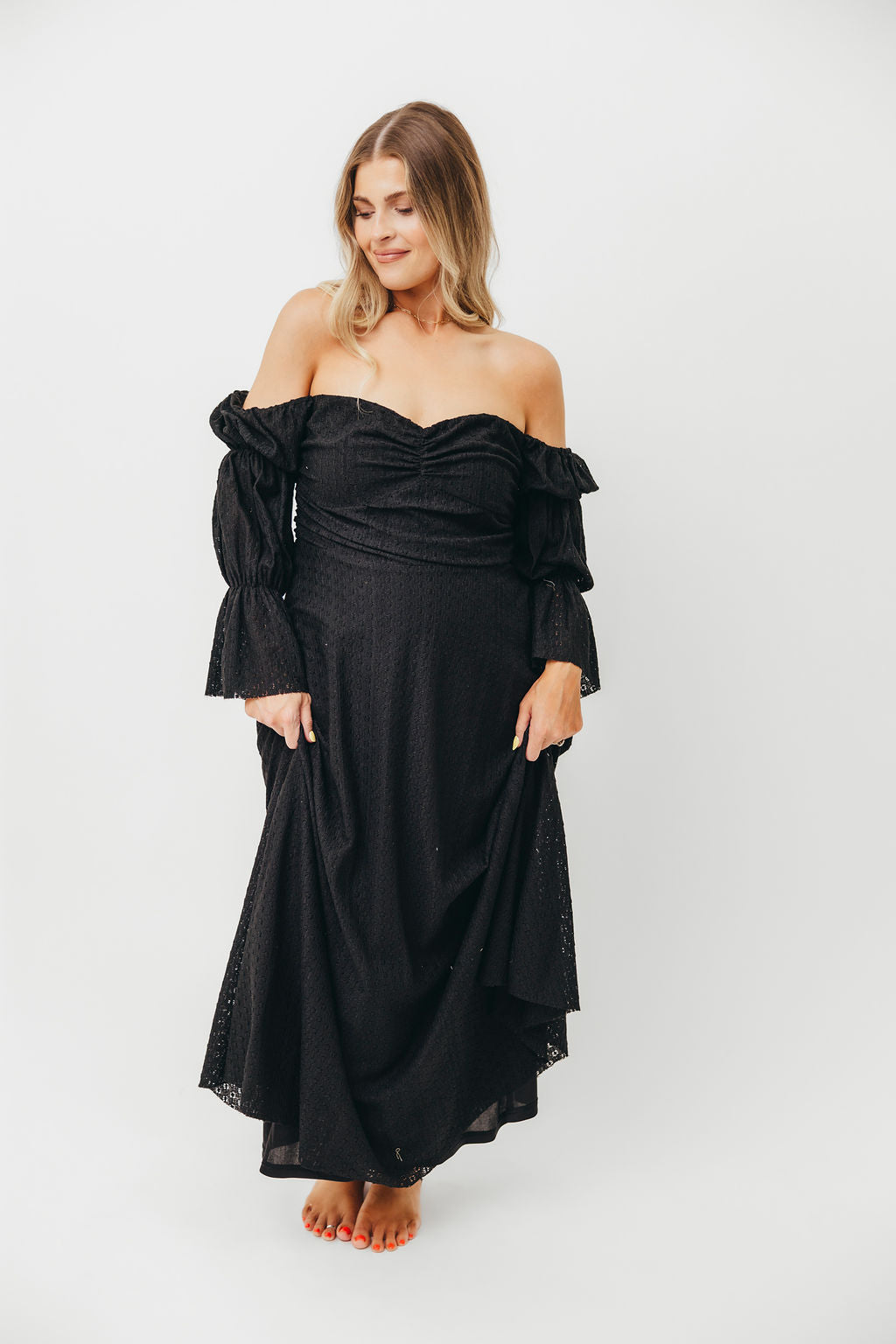 Corrine Tiered Sleeve Maxi Dress with Pockets in Black - Bump Friendly