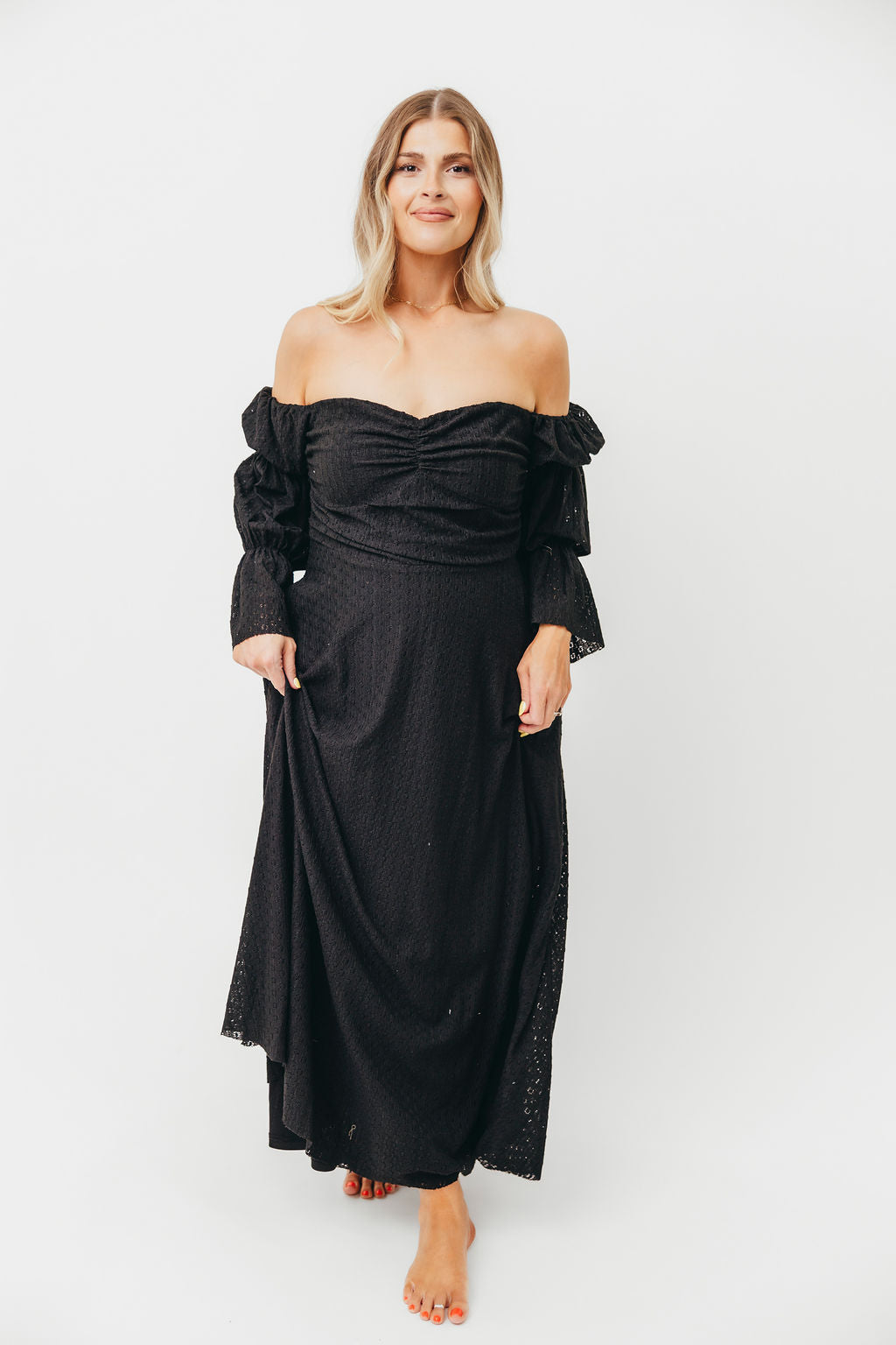 Corrine Tiered Sleeve Maxi Dress with Pockets in Black - Bump Friendly
