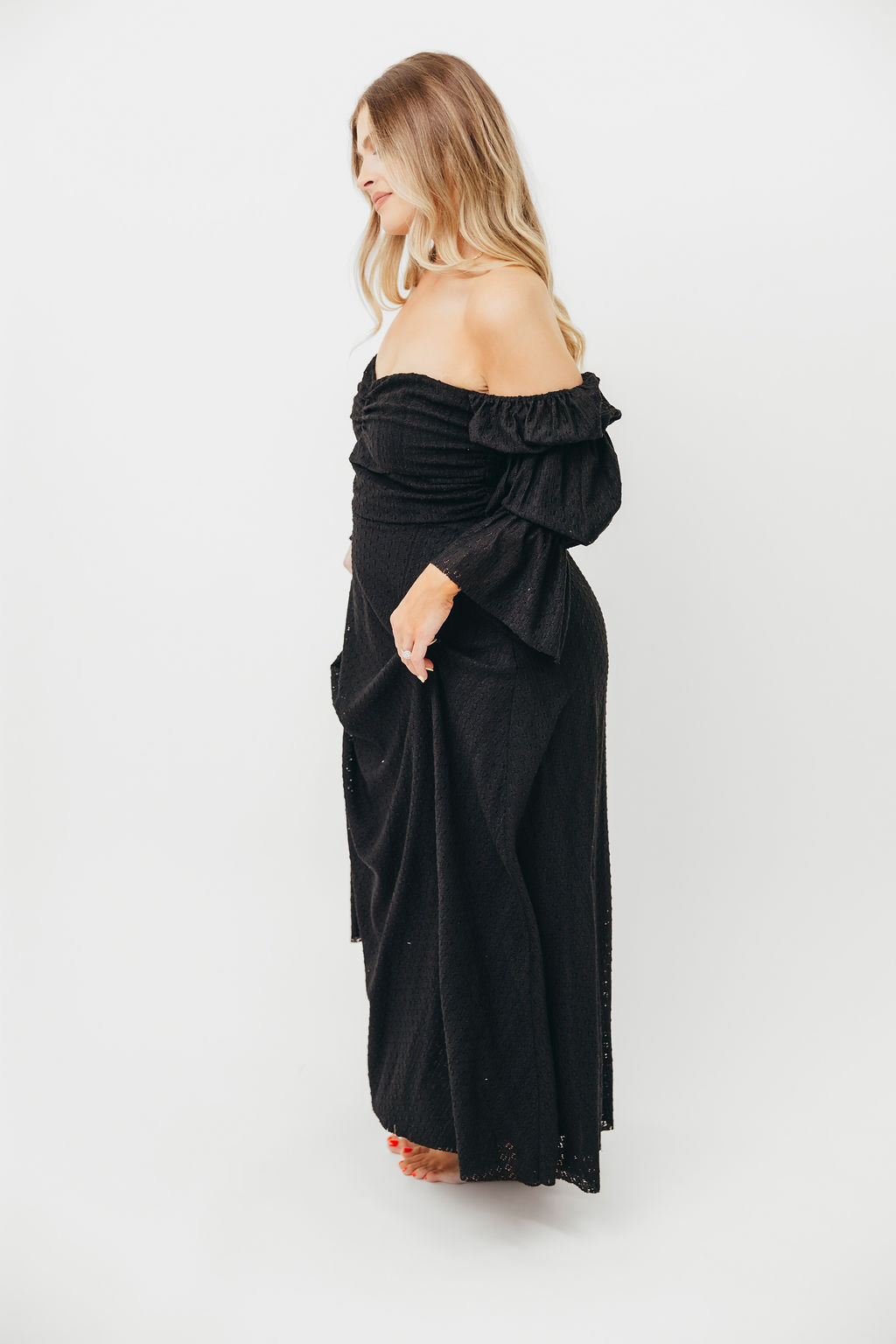 Corrine Tiered Sleeve Maxi Dress with Pockets in Black - Bump Friendly