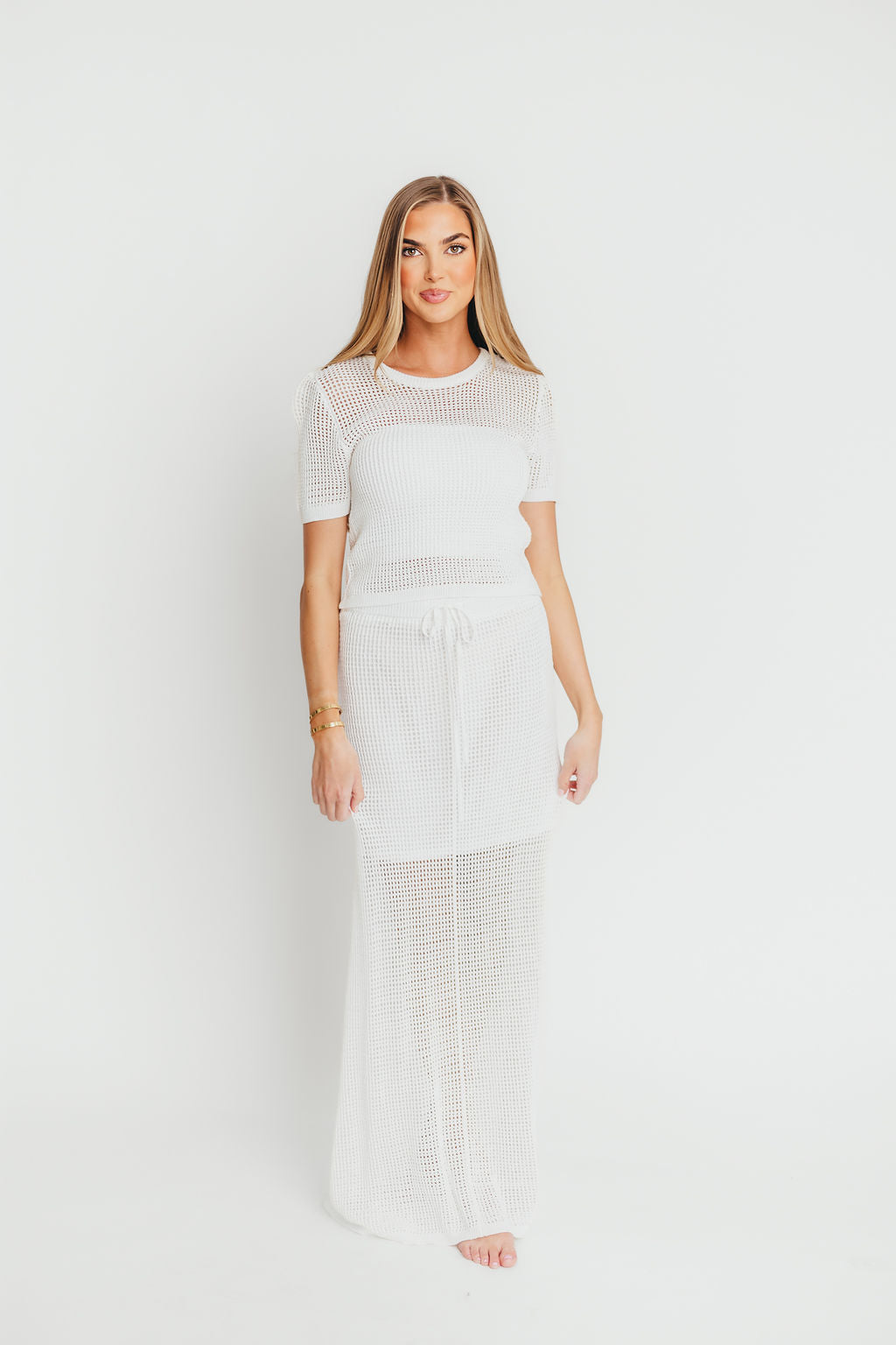 Aidan Open Knit Top and Maxi Skirt Set in Off-White