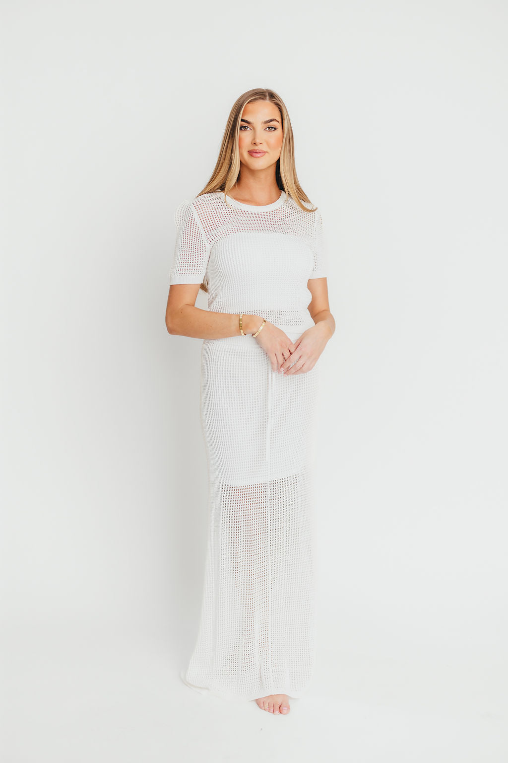 Aidan Open Knit Top and Maxi Skirt Set in Off-White