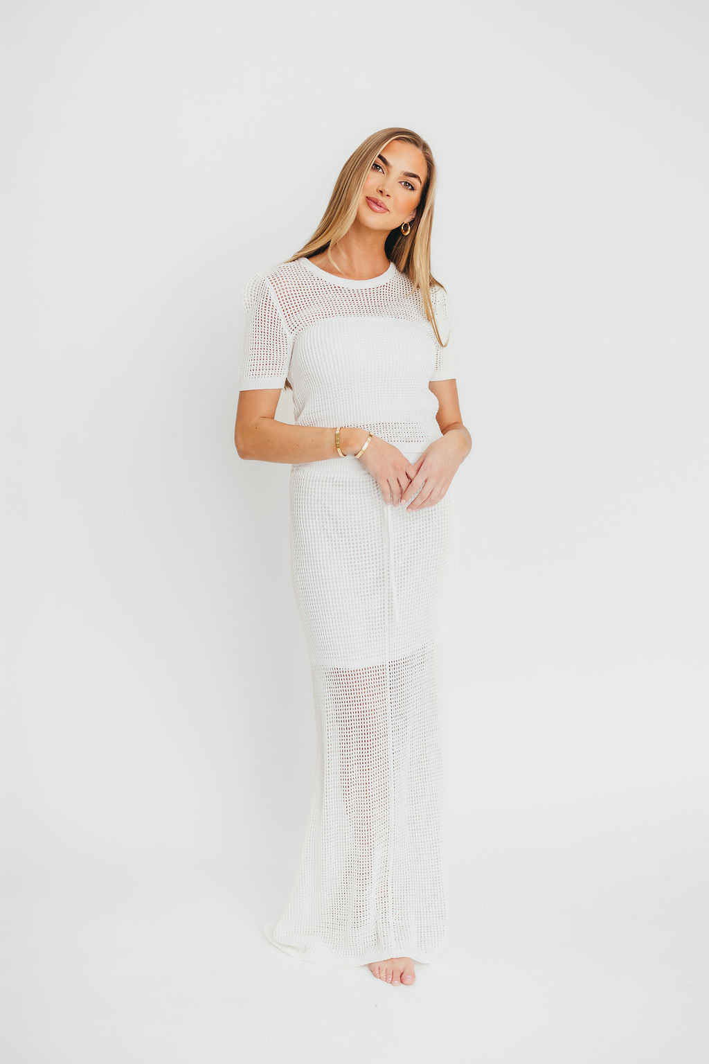 Aidan Open Knit Top and Maxi Skirt Set in Off-White