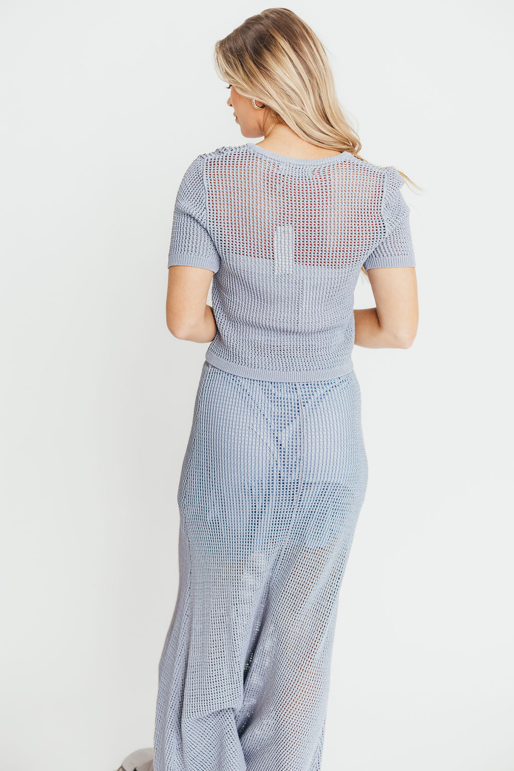 Aidan Open Knit Top and Maxi Skirt Set in Blue Grey