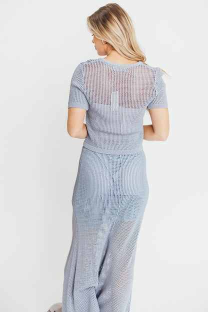 Aidan Open Knit Top and Maxi Skirt Set in Blue Grey