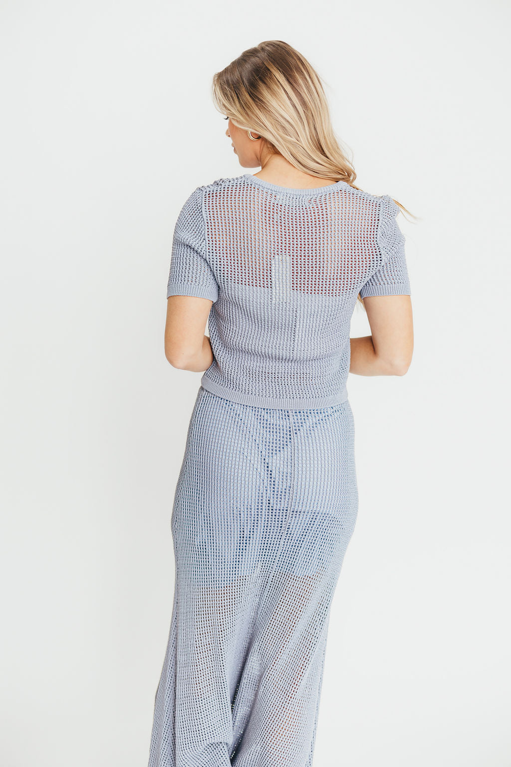 Aidan Open Knit Top and Maxi Skirt Set in Blue Grey