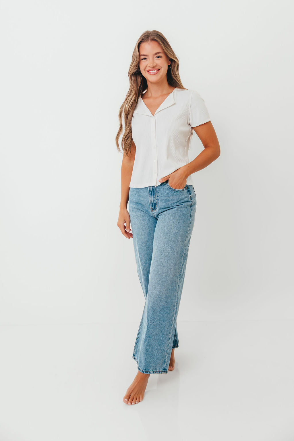 Petra Ribbed Button-Up Knit Top in Off White