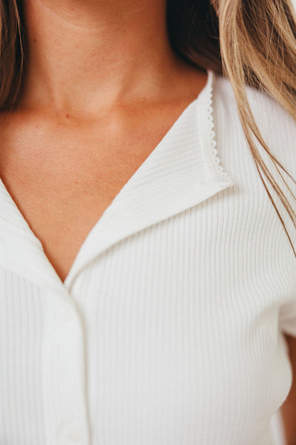 Petra Ribbed Button-Up Knit Top in Off White