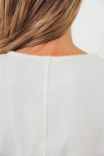 Petra Ribbed Button-Up Knit Top in Off White